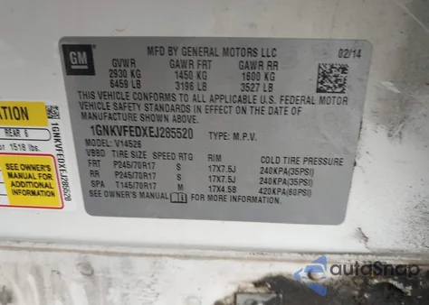 2014 Chevrolet Traverse Ls z USA, uszkodzony, nr VIN 1GNKVFEDXEJ285520